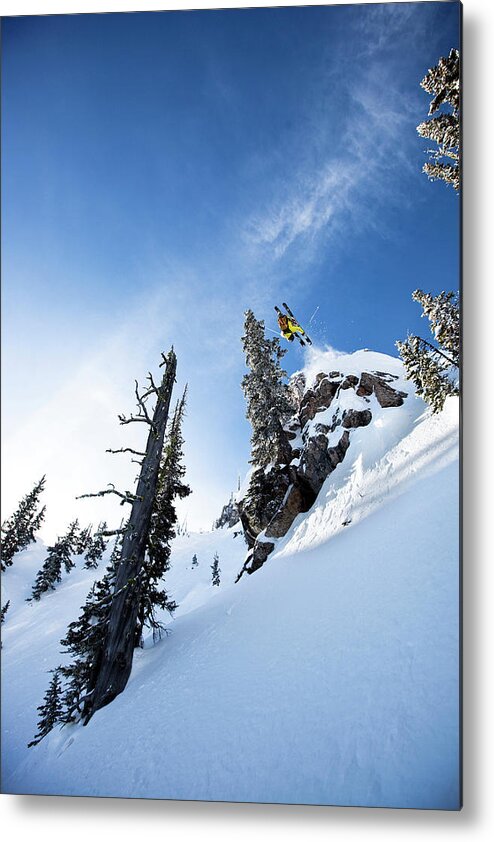 Action Metal Print featuring the photograph A Male Telemark Skier Front Flips by Patrick Orton