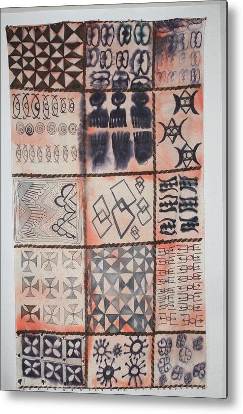 African Adinkra Tribal Cloth With Spiritual Symbols Metal Print featuring the mixed media Adinkra Cloth with Bells by Carrie Maurer