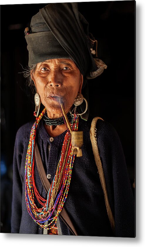 Smoking Metal Print featuring the photograph Ann Tribe Woman, Kyaing Tong, Golden by Peter Adams