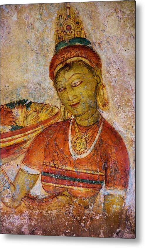 Sri Lanka Metal Print featuring the photograph Apsara with Flowers. Sigiriya Cave Painting by Jenny Rainbow