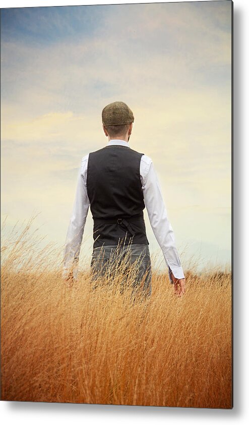 Mature Adult Metal Print featuring the photograph Back of Man Standing in Tall Grass by Vesna Armstrong