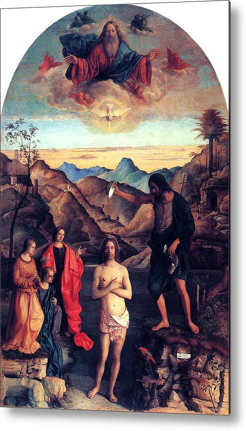 Baptism Of Christ Metal Print featuring the painting Baptism of Christ with Saint John 1502 Giovanni Bellini by Karon Melillo DeVega