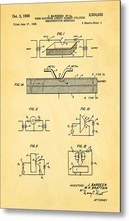 Electricity Metal Print featuring the photograph Bardeen Transistor Patent Art 1950 by Ian Monk