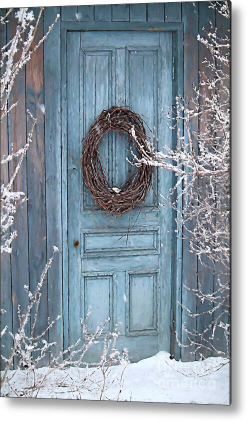Art Metal Print featuring the photograph Barn door and wreath/Digital painting by Sandra Cunninghamwith barn door and wreath