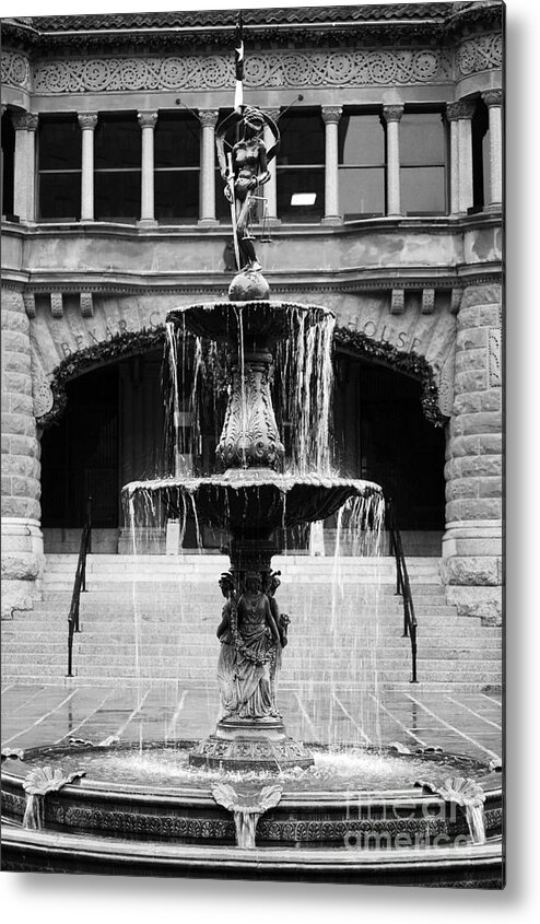 San Antonio Metal Print featuring the photograph Bexar County Courthouse Blind Naked Justice Fountain San Antonio Texas Black and White by Shawn O'Brien