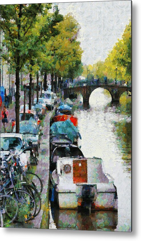 Architecture Metal Print featuring the photograph Bikes and boats in Old Amsterdam by Mick Flynn