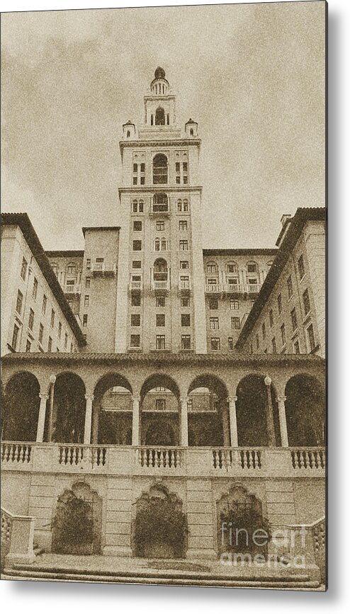 Biltmore Metal Print featuring the digital art Biltmore Hotel Miami Coral Gables Florida Exterior Colonnade and Tower Vintage Digital Art by Shawn O'Brien