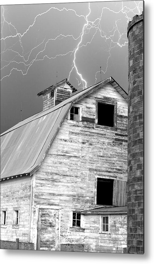Lightning Metal Print featuring the photograph Black and white Old Barn Lightning Strikes by James BO Insogna