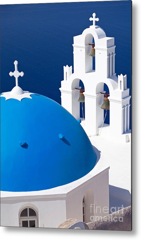 Santorini Metal Print featuring the photograph Blue dome church by Aiolos Greek Collections