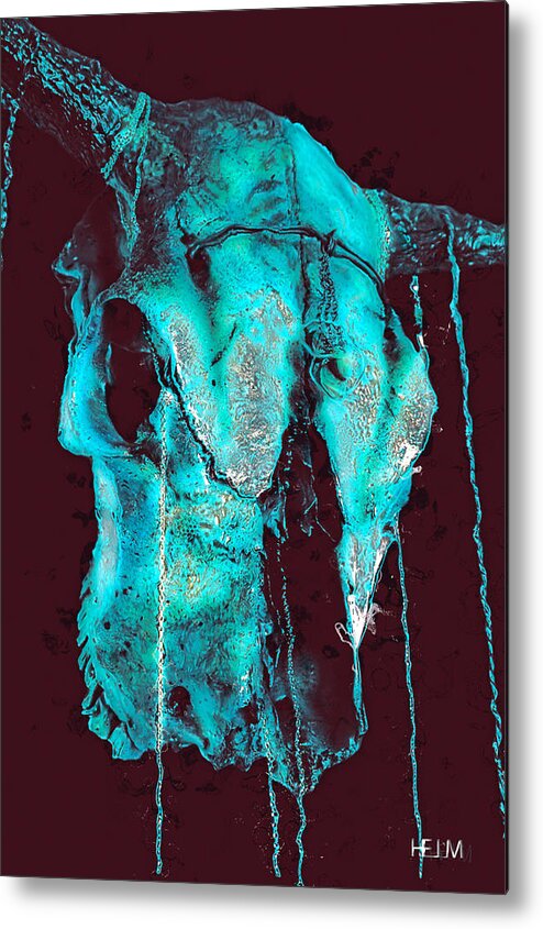 Cow Mixed Media Metal Print featuring the photograph Blue Skulls at Night by Mayhem Mediums