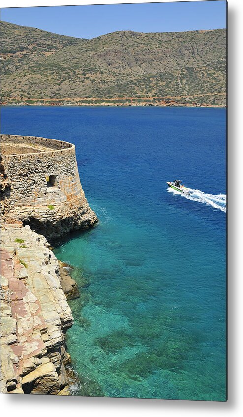 Ocean Metal Print featuring the photograph Blue water and boat - Spinalonga Island Crete Greece by Matthias Hauser