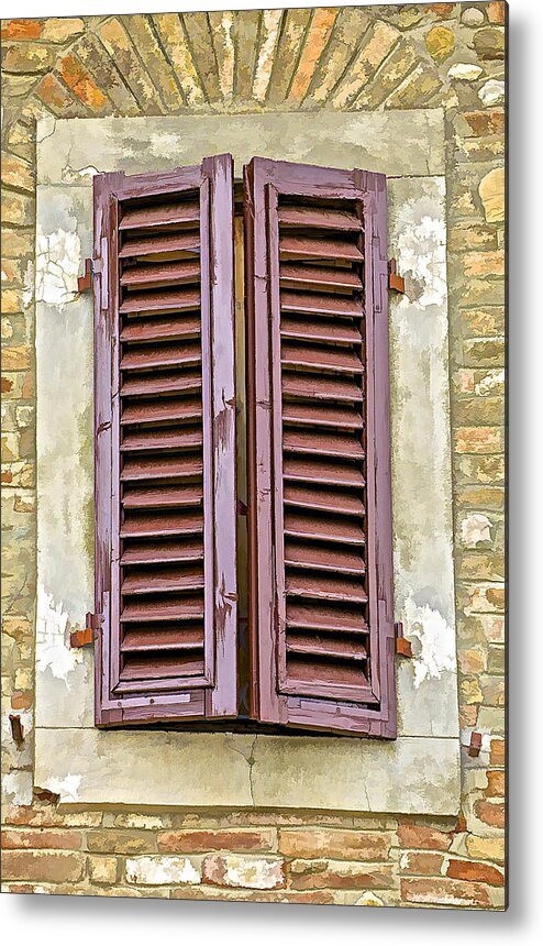 Architecture Metal Print featuring the photograph Brown Wood Shutters on an Exposed Brick Wall in Tuscany by David Letts