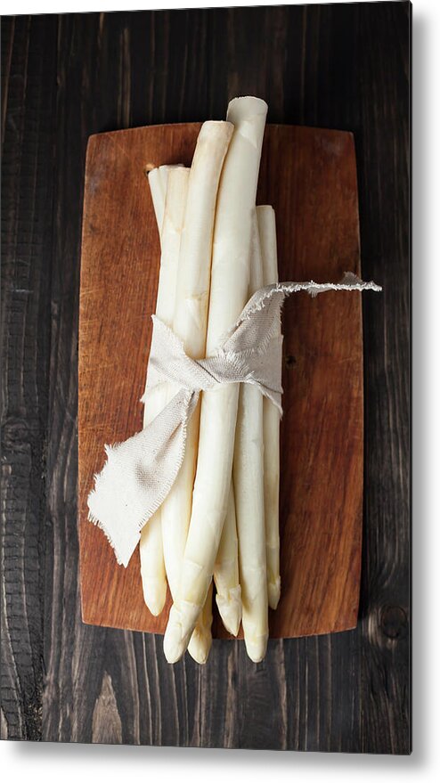 Cutting Board Metal Print featuring the photograph Bunch Of White Asparagus On Chopping by Westend61