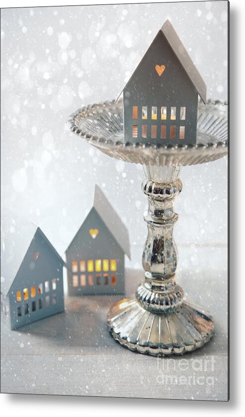 Bright Metal Print featuring the photograph Candle houses with cake stand for the holidays by Sandra Cunningham
