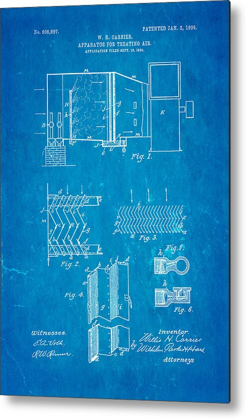 Engineer Metal Print featuring the photograph Carrier Air Conditioning Patent Art 1906 Blueprint by Ian Monk