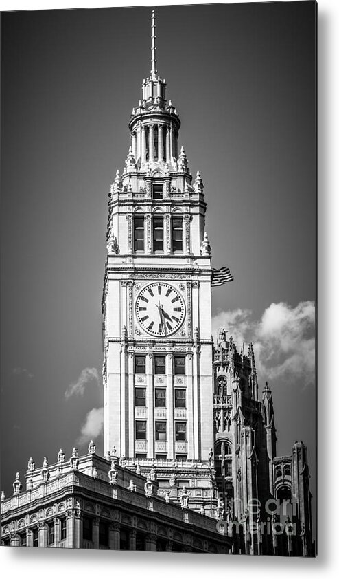 America Metal Print featuring the photograph Chicago Wrigley Building Clock Black and White Picture by Paul Velgos