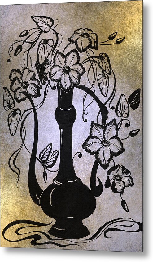 Clematis Metal Print featuring the drawing Clematises in Indian Pitcher. Golden by Jenny Rainbow