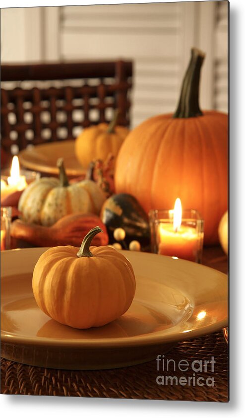 Banquet Metal Print featuring the photograph Closeup of autumn place setting for Thanksgiving by Sandra Cunningham