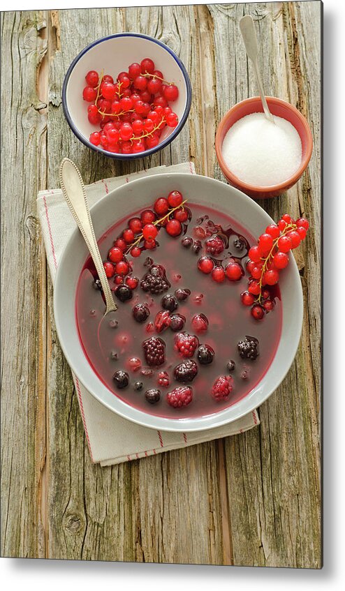 Sugar Metal Print featuring the photograph Cold Sweet Soup With Berries On Wooden by Westend61