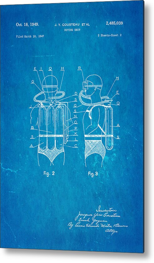 Famous Metal Print featuring the photograph Cousteau Diving Unit Patent Art 2 1949 Blueprint by Ian Monk