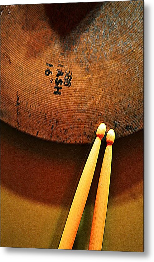 Cymbals Metal Print featuring the photograph Cymbals and Sticks 2 by Nadalyn Larsen