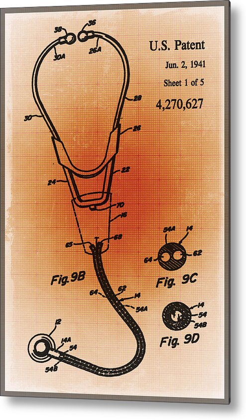 Doctor Metal Print featuring the mixed media Doctor Stethoscope 2 Patent Blueprint Drawing Sepia by Tony Rubino