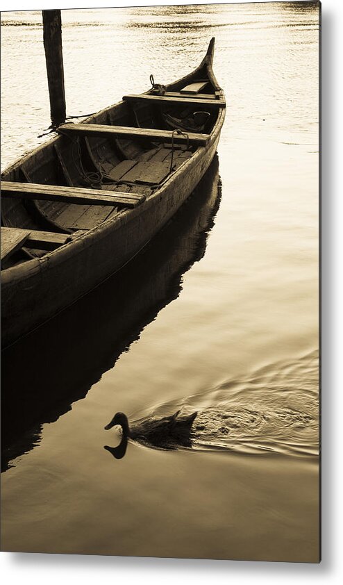 Sepia Metal Print featuring the photograph Duck and Boat by Sonny Marcyan