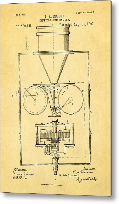 Electricity Metal Print featuring the photograph Edison Motion Picture Camera Patent Art 1897 by Ian Monk