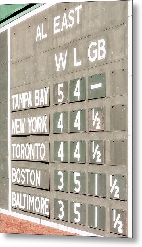 Green Monster Metal Print featuring the photograph Fenway Park AL East Scoreboard Standings by Susan Candelario