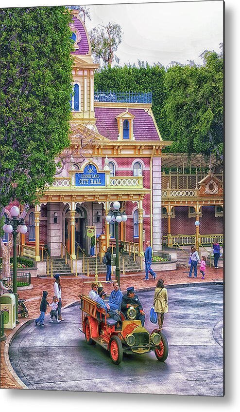 Main Street Metal Print featuring the photograph Fire Truck Main Street Disneyland by Thomas Woolworth