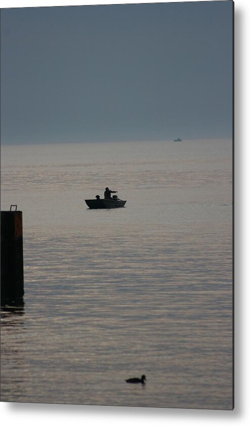 Fishing Metal Print featuring the photograph Fishing on Lake Huron at Dusk by Paula Brown