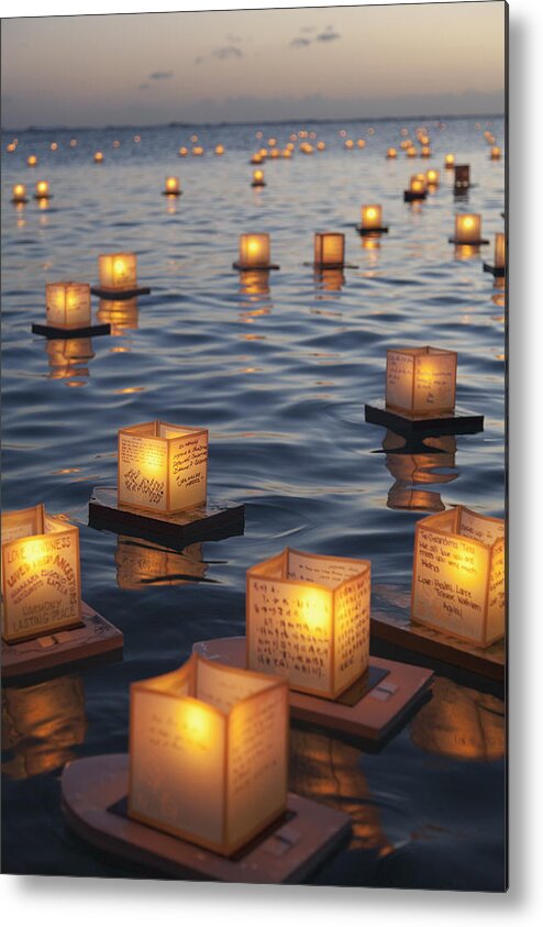 Ala Moana Metal Print featuring the photograph Floating Lanterns at Sunset by Brandon Tabiolo