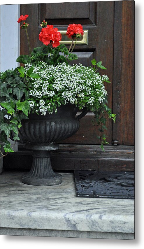 Flowers Metal Print featuring the photograph Flowers in Front of a Door in Charleston by Bruce Gourley