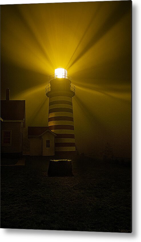 West Quoddy Head Lighthouse Photos Metal Print featuring the photograph Foggy Night at West Quoddy Light by Marty Saccone