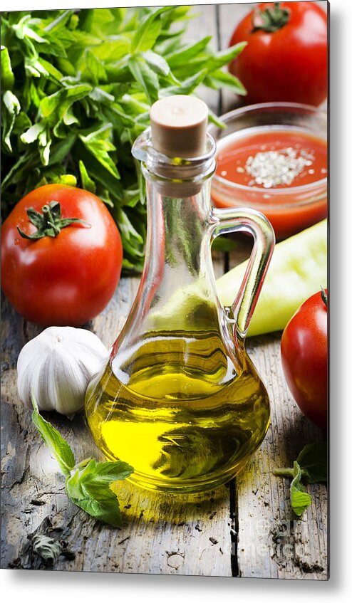 Oil Metal Print featuring the photograph Olive Oil and Food Ingredients by Jelena Jovanovic
