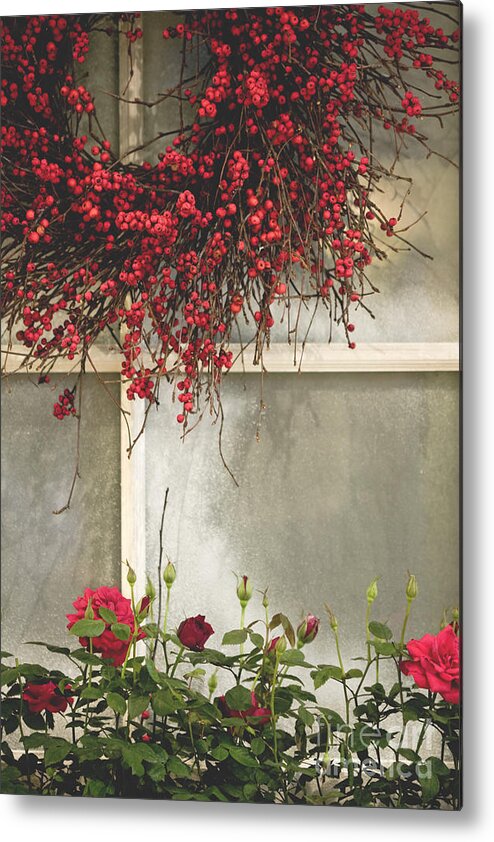 Window; Frost; Windowpane; Frosted; Wreath; Christmas; Red; Flowers; Country; House; Wooden; Home; Glass Metal Print featuring the photograph Frosted Windowpane by Margie Hurwich