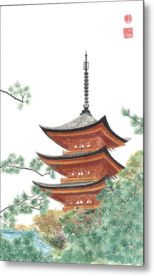 Japanese Metal Print featuring the painting Gojunoto Pagoda by Terri Harris
