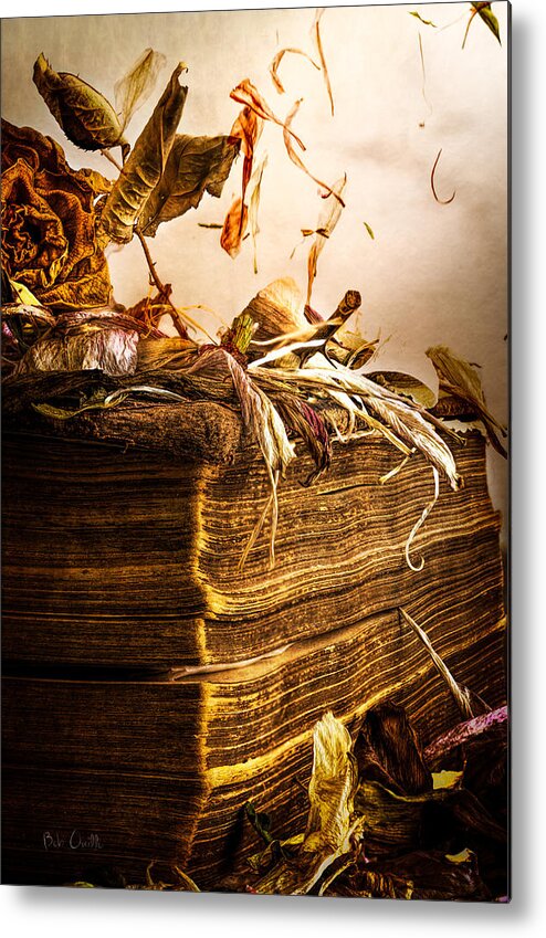 Book Metal Print featuring the photograph Golden Pages Falling Flowers by Bob Orsillo