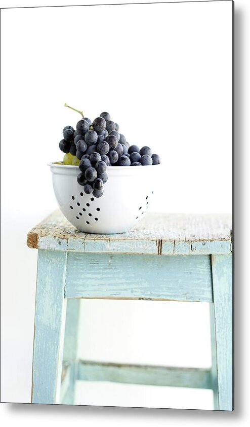 White Background Metal Print featuring the photograph Grapes In Strainer by Noémi Hauser