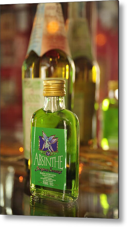 Absinthe Metal Print featuring the photograph Green Absinthe in small bottle by Matthias Hauser