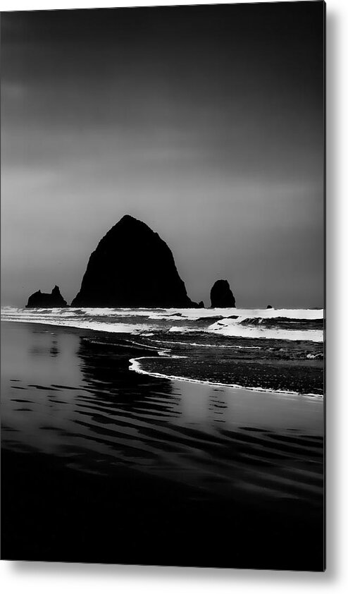 Black And White Metal Print featuring the photograph Haystack Rock on Cannon Beach by David Patterson
