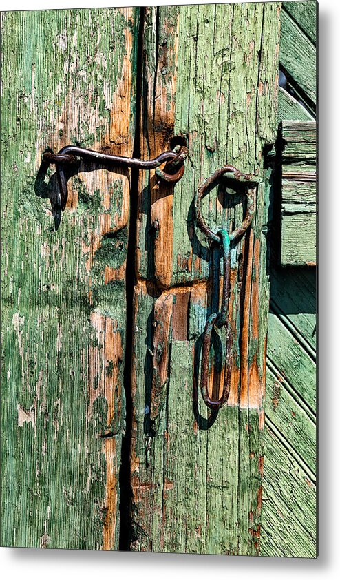 Shed Door Metal Print featuring the photograph Hook and Eye on a Green Door by Kathleen Bishop