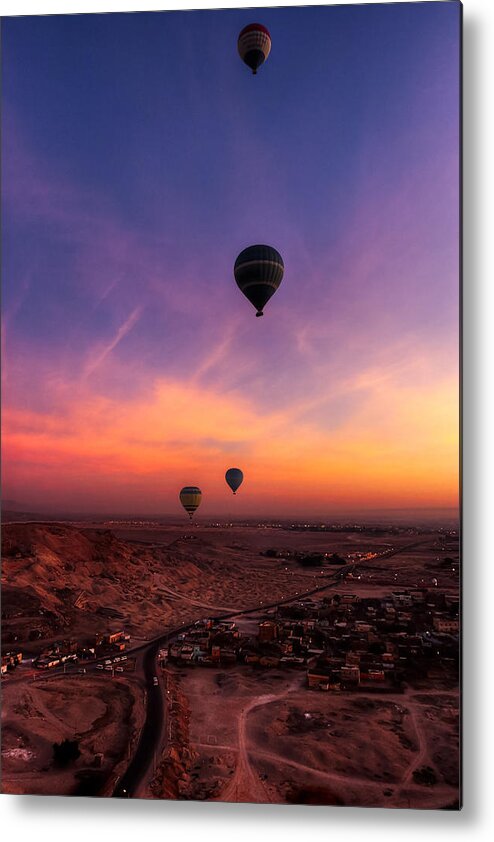 Hot Air Balloons Metal Print featuring the photograph Hot Air Balloons in the Dawn Skies Over Egypt by Mark Tisdale