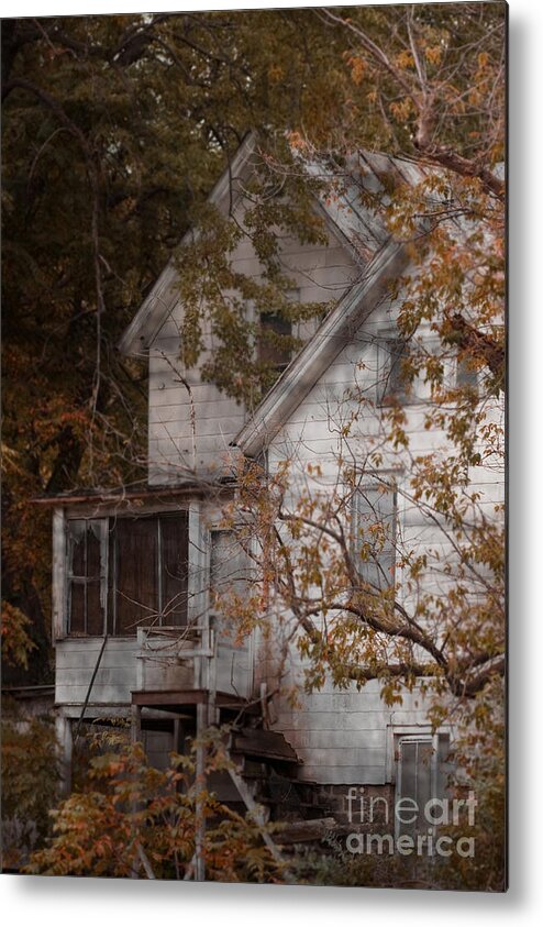 Abandoned; Home; House; Old; Farmhouse; Spooky; Peeling Paint; Derelict; Neglected; Sidewalk; Creepy; Dark; Entrance; Stairs; Door; Haunted; Porch; Eerie; Scary; Ruin; Mood; Gloomy; Rural Metal Print featuring the photograph House in Fall by Margie Hurwich