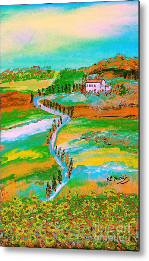The Approach To A Farmhouse In Rural Tuscany Metal Print featuring the painting Tuscan countryside by Loredana Messina