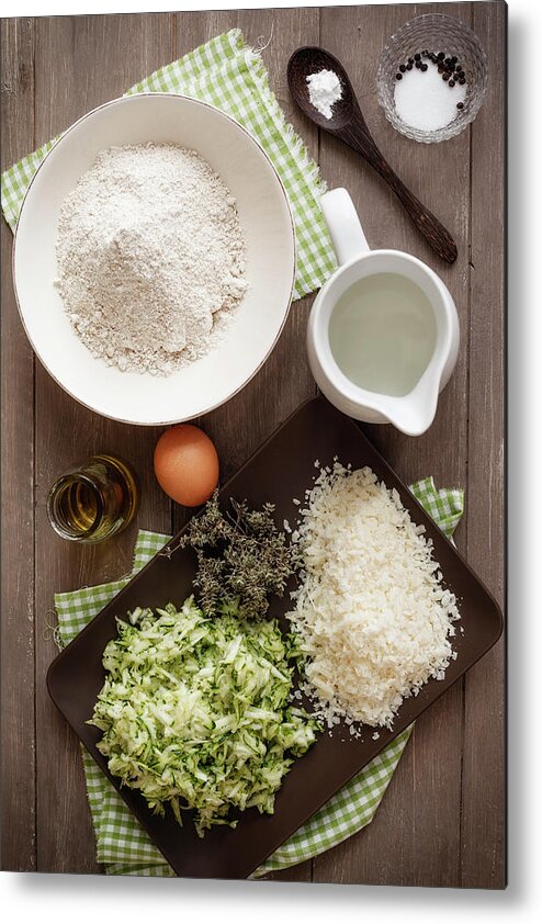 Grated Metal Print featuring the photograph Ingredients For Making Zucchini Muffins by Westend61