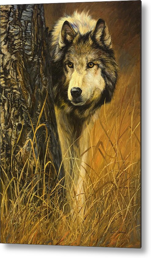 Wolf Metal Print featuring the painting Interested by Lucie Bilodeau