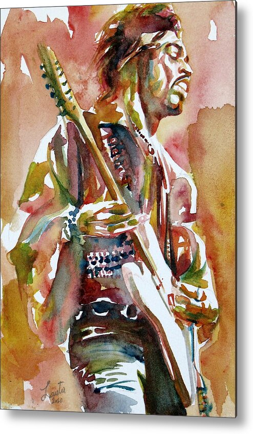 Jimi Metal Print featuring the painting Jimi Hendrix Playing The Guitar Portrait.3 by Fabrizio Cassetta