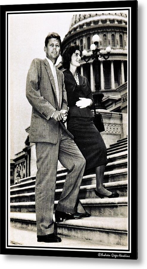 John F Kennedy Metal Print featuring the photograph John F Kennedy with Jacqueline on Steps by Audreen Gieger