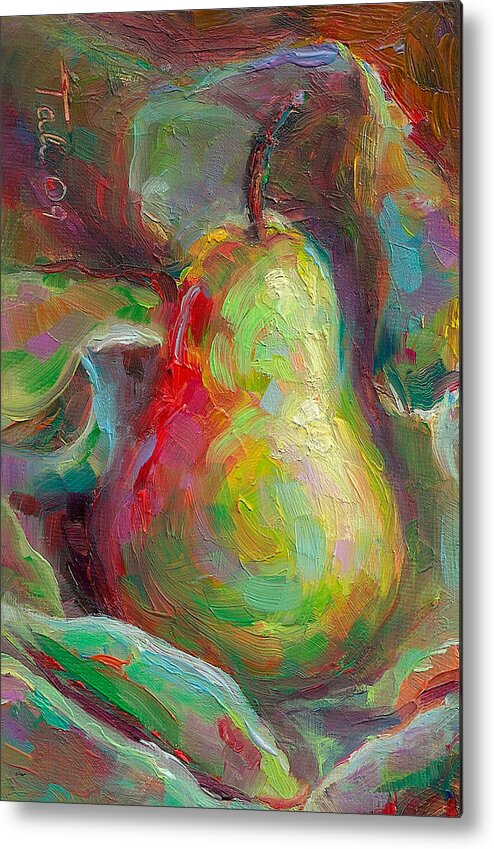 Green Metal Print featuring the painting Just a Pear - impressionist still life by Talya Johnson